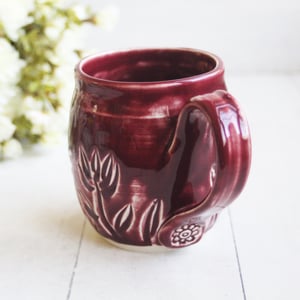Image of Spring Flowers Carved Coffee Cup, Ox Blood Red Gardeners Pottery Mug, Handmade in USA