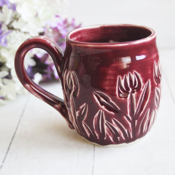 Image of Spring Flowers Carved Coffee Cup, Ox Blood Red Gardeners Pottery Mug, Handmade in USA