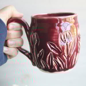 Image of Spring Flowers Carved Coffee Cup, Ox Blood Red Gardeners Pottery Mug, Handmade in USA