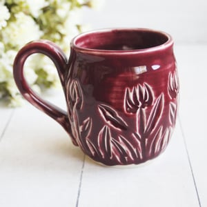 Image of Spring Flowers Carved Coffee Cup, Ox Blood Red Gardeners Pottery Mug, Handmade in USA