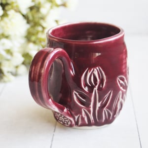 Image of Spring Flowers Carved Coffee Cup, Ox Blood Red Gardeners Pottery Mug, Handmade in USA