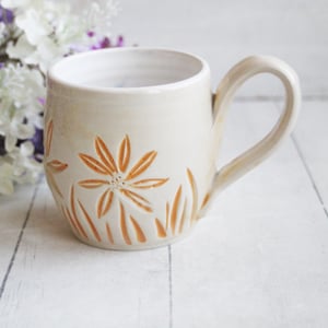 Image of Spring Flowers Carved Coffee Cup in White and Orange Glazes, Gardeners Pottery Mug, Handmade in USA