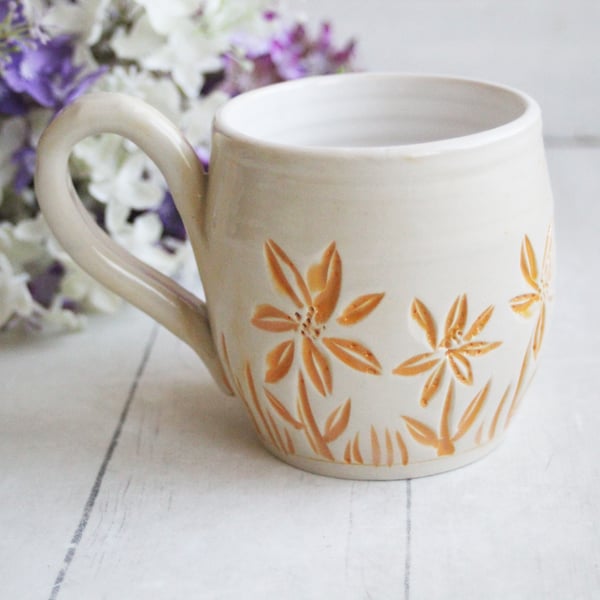Image of Spring Flowers Carved Coffee Cup in White and Orange Glazes, Gardeners Pottery Mug, Handmade in USA