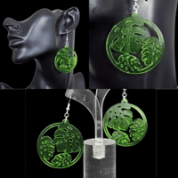 Image 1 of Circle Monstera Leaf Cluster Dangle Earrings Clear Green