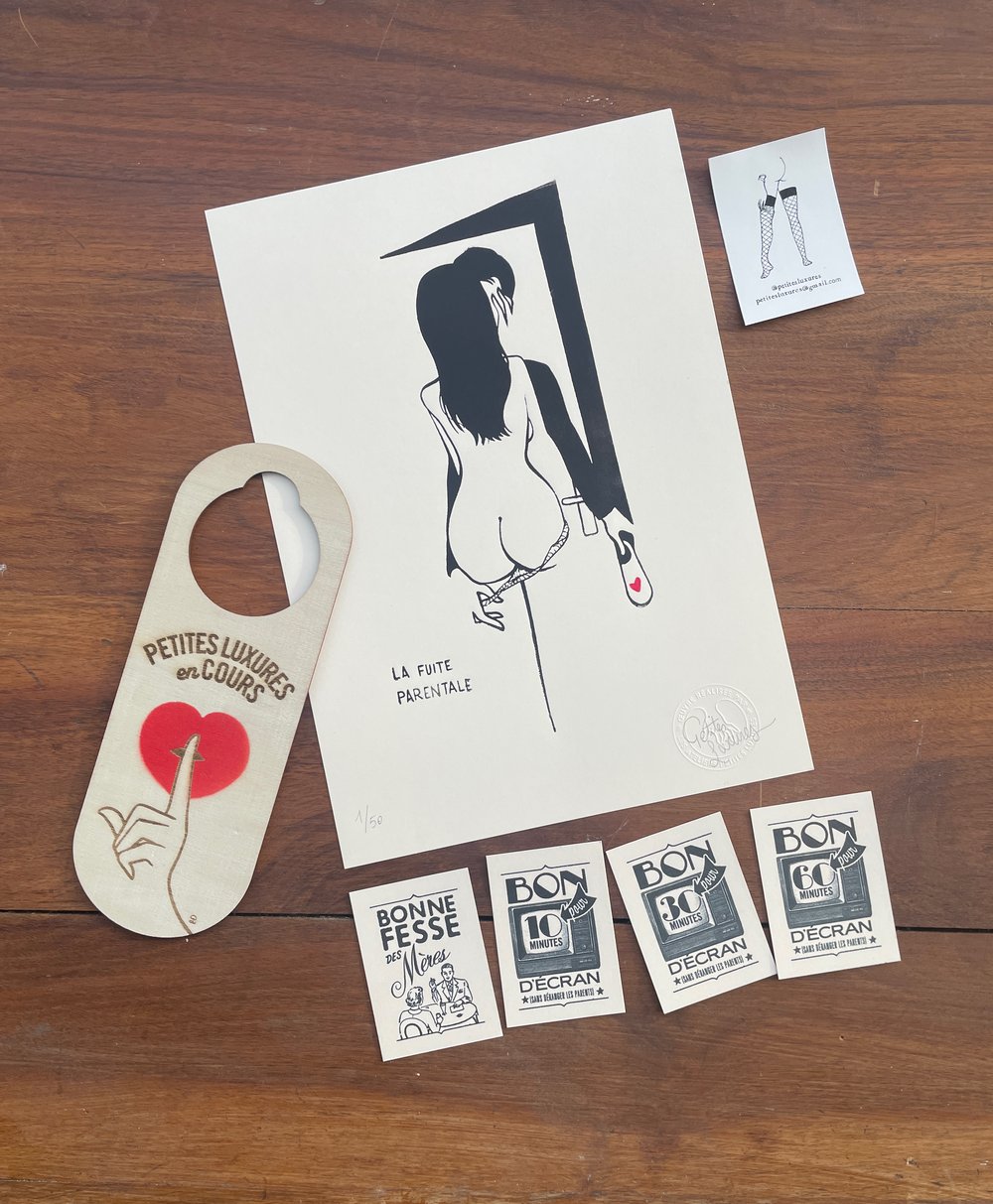 Image of « La fuite parentale » tirage en gravure sur bois + panneau de porte