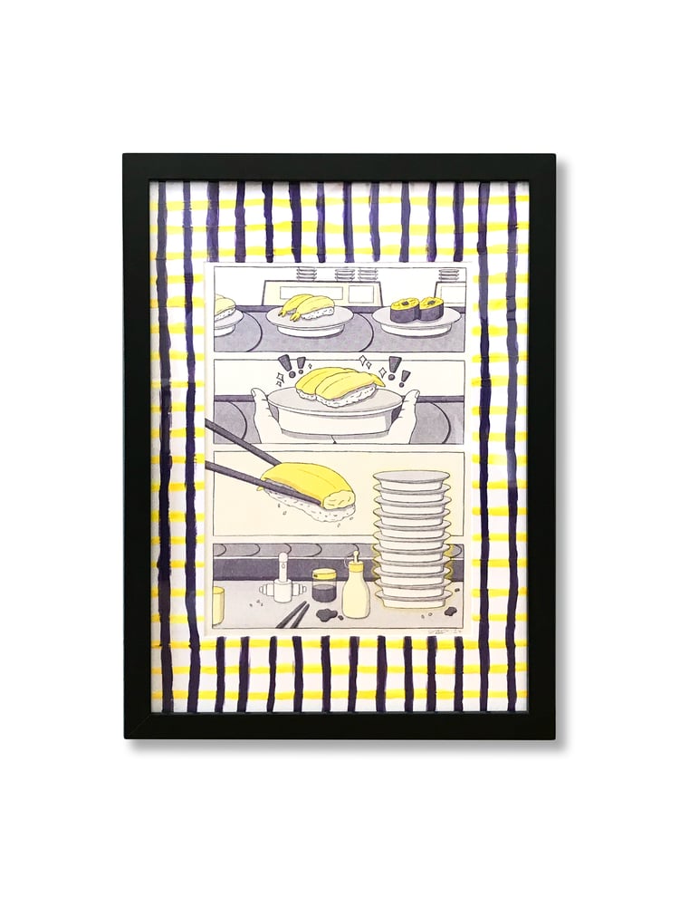 Image of SIGNED & FRAMED 'Sushi Train' Risograph Print with Hand Painted Matboard