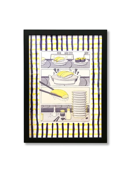Image of SIGNED & FRAMED 'Sushi Train' Risograph Print with Hand Painted Matboard