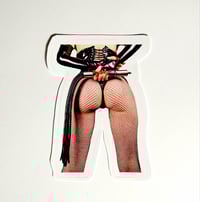 Image 1 of Backside View Of Lady In Fishnet Stockings & Latex Corset Holding A Flogger Glossy Finish Sticker