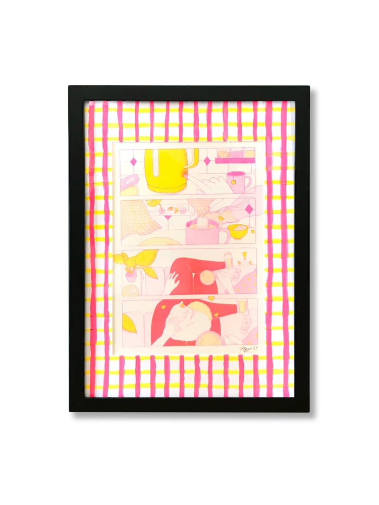 Image of SIGNED & FRAMED 'Put the Kettle On' Risograph Print with Hand Painted Matboard
