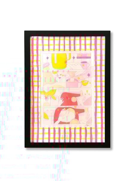 Image of SIGNED & FRAMED 'Put the Kettle On' Risograph Print with Hand Painted Matboard