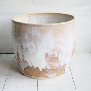 Image of Rustic Utensil Holder in Dripping White and Ocher Glaze, Ceramic Crock Made in USA