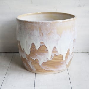 Image of Rustic Utensil Holder in Dripping White and Ocher Glaze, Ceramic Crock Made in USA