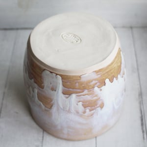 Image of Rustic Utensil Holder in Dripping White and Ocher Glaze, Ceramic Crock Made in USA