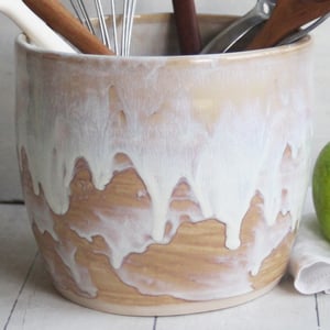 Image of Rustic Utensil Holder in Dripping White and Ocher Glaze, Ceramic Crock Made in USA