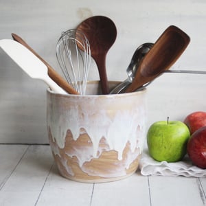 Image of Rustic Utensil Holder in Dripping White and Ocher Glaze, Ceramic Crock Made in USA