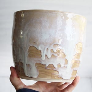 Image of Rustic Utensil Holder in Dripping White and Ocher Glaze, Ceramic Crock Made in USA