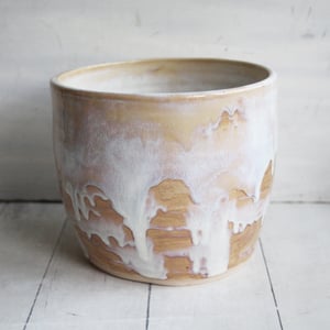 Image of Rustic Utensil Holder in Dripping White and Ocher Glaze, Ceramic Crock Made in USA