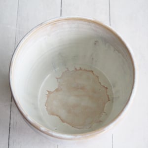 Image of Rustic Utensil Holder in Dripping White and Ocher Glaze, Ceramic Crock Made in USA