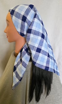 Image 1 of Large Linen Bandana in Blue Plaid 