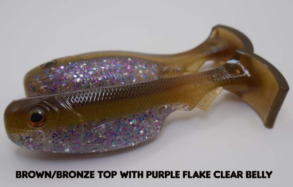 Image of 3.5" Epic Pud Swimbait (Split Belly) (2 Pack) Brown/Bronze top with purple flake clear belly