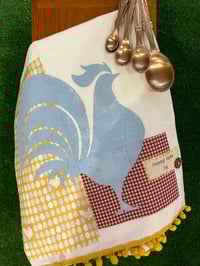 Image 1 of Flour Sack Towel, Blue Stenciled Rooster with Gold Egg Fabric