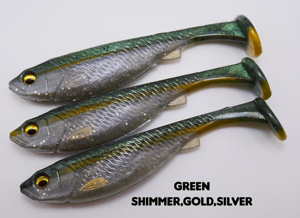 Image of 5" Swimbait Split Belly (3 Pack) Green Shimmer, Gold, Silver