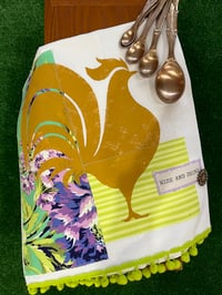 Image 1 of Flour Sack Towel, Gold Rooster Stencil  with Mint Green and Lilac Floral Fabric