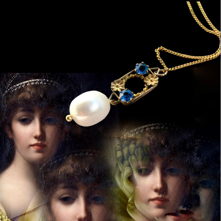 Kitty Vintage gold plate panel, brilliant blue Czech crystal and pearl pendant necklace