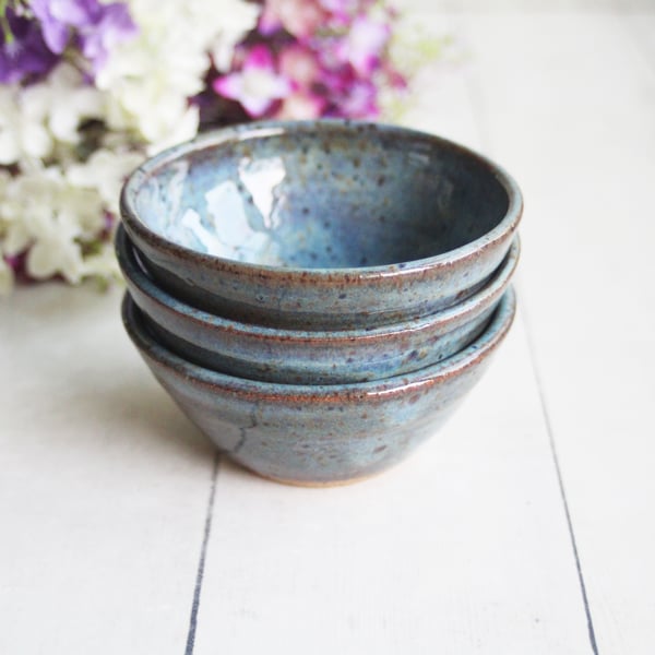 Image of Three Small Rustic Blue Ceramic Pottery Bowls, Kitchen Prep Handcrafted Made in USA
