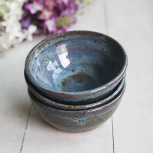 Image of Three Small Rustic Blue Ceramic Pottery Bowls, Kitchen Prep Handcrafted Made in USA