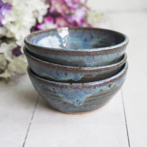Image of Three Small Rustic Blue Ceramic Pottery Bowls, Kitchen Prep Handcrafted Made in USA