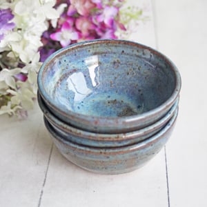 Image of Three Small Rustic Blue Ceramic Pottery Bowls, Kitchen Prep Handcrafted Made in USA
