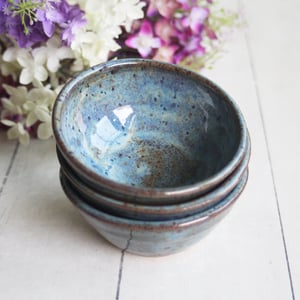 Image of Three Small Rustic Blue Ceramic Pottery Bowls, Kitchen Prep Handcrafted Made in USA