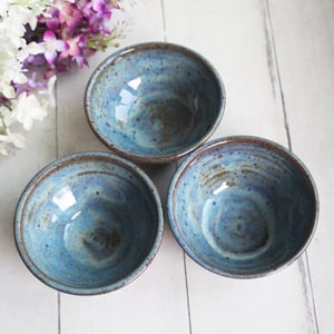 Image of Three Small Rustic Blue Ceramic Pottery Bowls, Kitchen Prep Handcrafted Made in USA