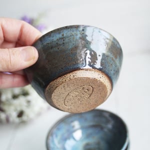 Image of Three Small Rustic Blue Ceramic Pottery Bowls, Kitchen Prep Handcrafted Made in USA