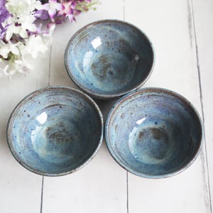 Image of Three Small Rustic Blue Ceramic Pottery Bowls, Kitchen Prep Handcrafted Made in USA