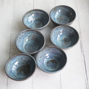 Image of Three Small Rustic Blue Ceramic Pottery Bowls, Kitchen Prep Handcrafted Made in USA