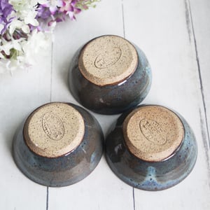 Image of Three Small Rustic Blue Ceramic Pottery Bowls, Kitchen Prep Handcrafted Made in USA