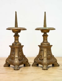 Image 1 of Pair of French Antique Ecclesiastical Sacred Heart Brass Candle Sticks