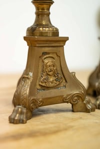 Image 3 of Pair of French Antique Ecclesiastical Sacred Heart Brass Candle Sticks