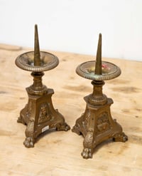 Image 5 of Pair of French Antique Ecclesiastical Sacred Heart Brass Candle Sticks