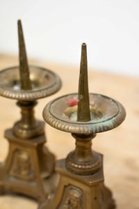 Image 4 of Pair of French Antique Ecclesiastical Sacred Heart Brass Candle Sticks