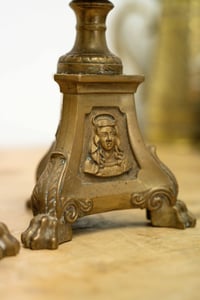 Image 7 of Pair of French Antique Ecclesiastical Sacred Heart Brass Candle Sticks