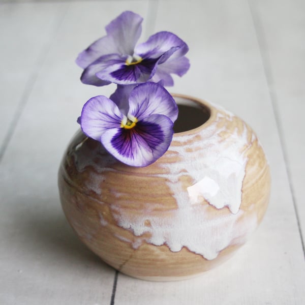 Image of Rustic Dripping White and Ocher Vase, Small Handcrafted Pottery Vase Made in USA