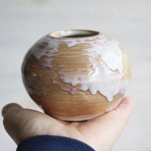 Image of Rustic Dripping White and Ocher Vase, Small Handcrafted Pottery Vase Made in USA