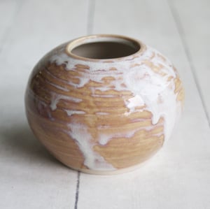 Image of Rustic Dripping White and Ocher Vase, Small Handcrafted Pottery Vase Made in USA