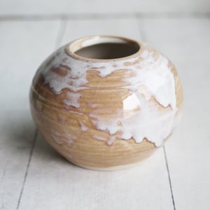 Image of Rustic Dripping White and Ocher Vase, Small Handcrafted Pottery Vase Made in USA