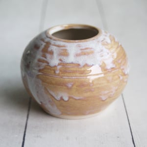 Image of Rustic Dripping White and Ocher Vase, Small Handcrafted Pottery Vase Made in USA