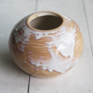 Image of Rustic Dripping White and Ocher Vase, Small Handcrafted Pottery Vase Made in USA