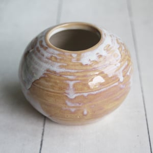 Image of Rustic Dripping White and Ocher Vase, Small Handcrafted Pottery Vase Made in USA